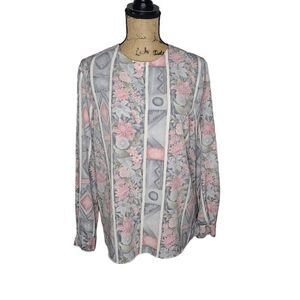 Vintage 90s Pink Grey Floral Cottagecore Botanical Shirt size 14 XL
